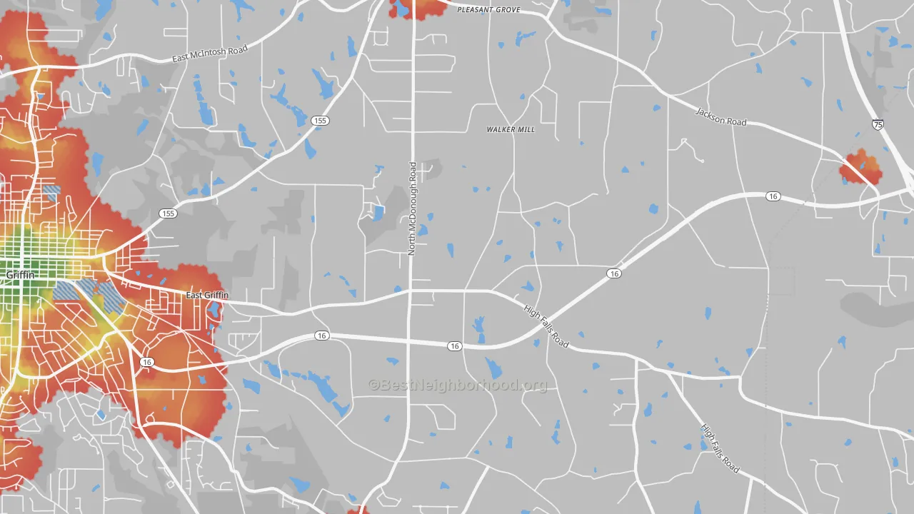 Walk Grade map of East Griffin, GA, walkable areas in green and car-dependent areas in red