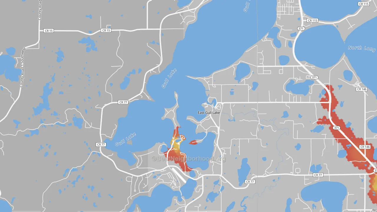 Walk Grade map of East Gull Lake, MN, walkable areas in green and car-dependent areas in red