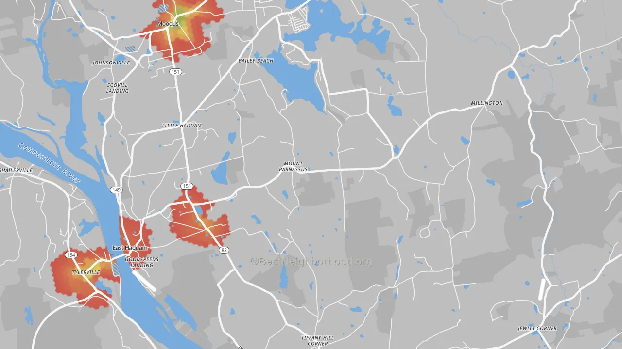 Walk Grade map of East Haddam, CT, walkable areas in green and car-dependent areas in red
