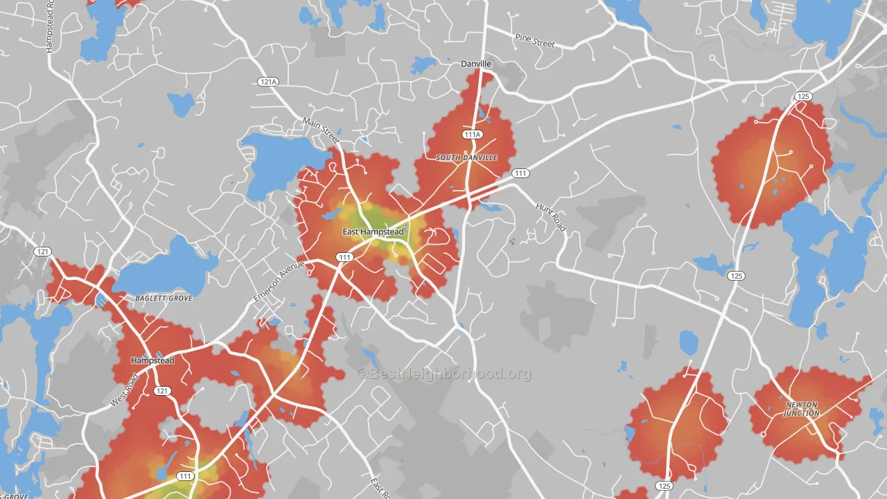 Walk Grade map of East Hampstead, NH, walkable areas in green and car-dependent areas in red