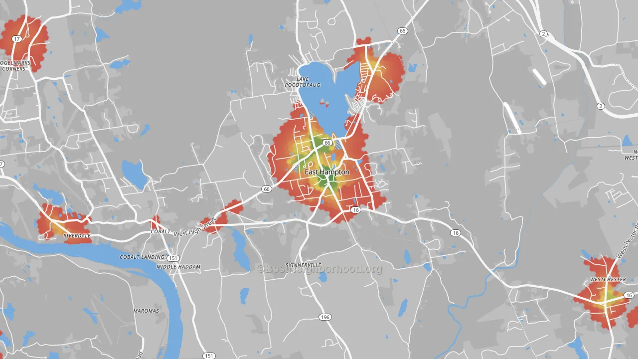 Walk Grade map of East Hampton, CT, walkable areas in green and car-dependent areas in red
