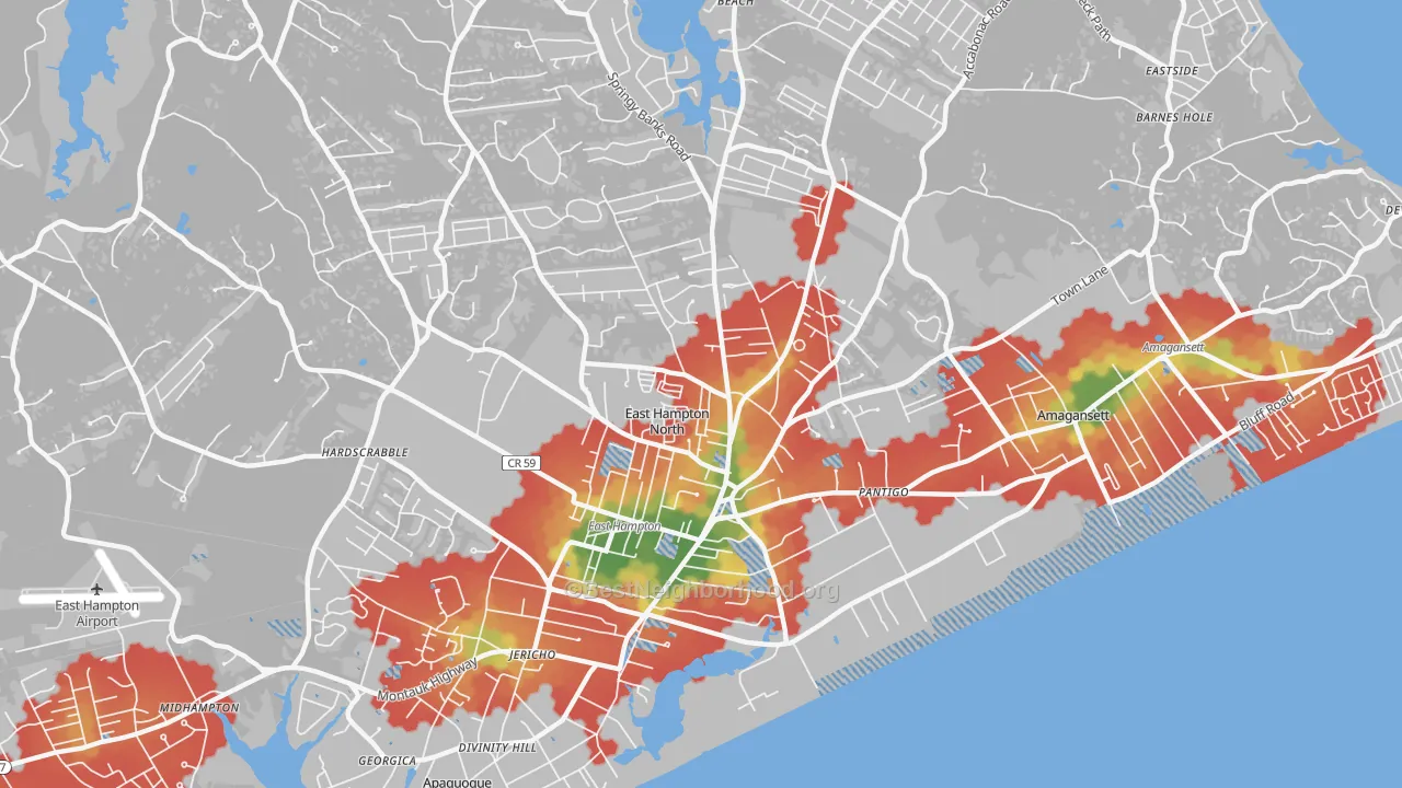 Walk Grade map of East Hampton North, NY, walkable areas in green and car-dependent areas in red
