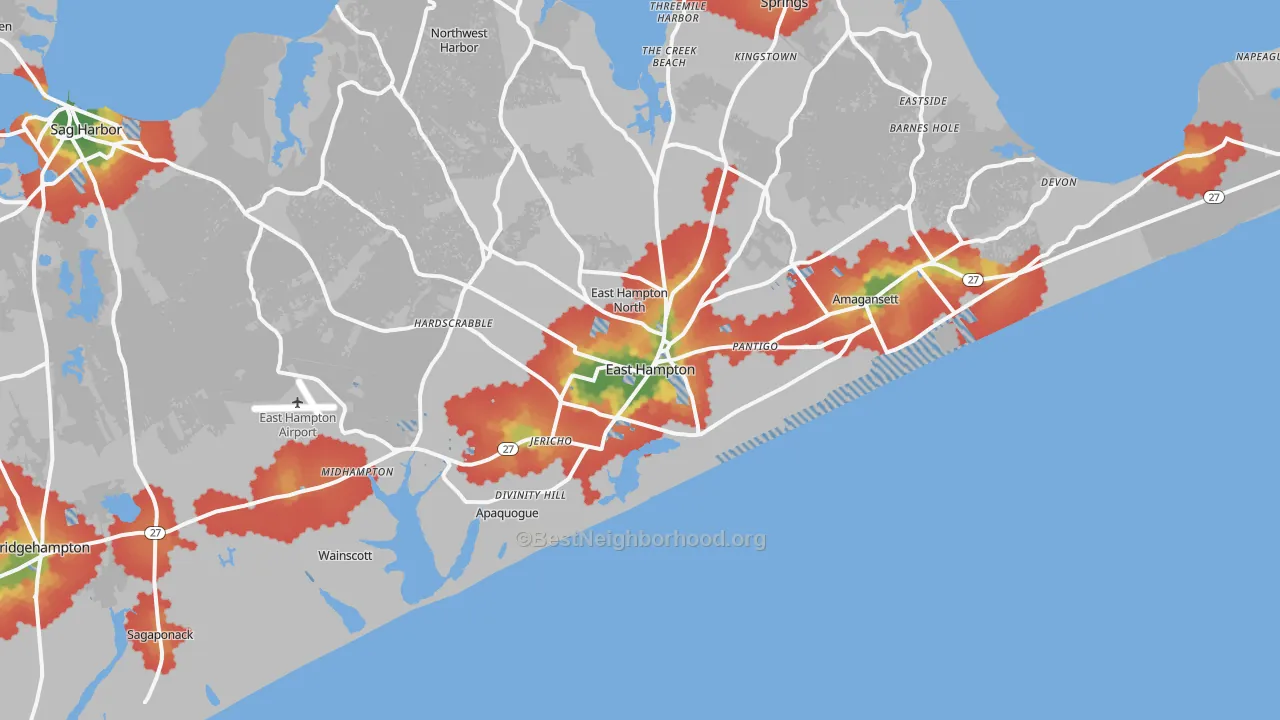 Walk Grade map of East Hampton, NY, walkable areas in green and car-dependent areas in red