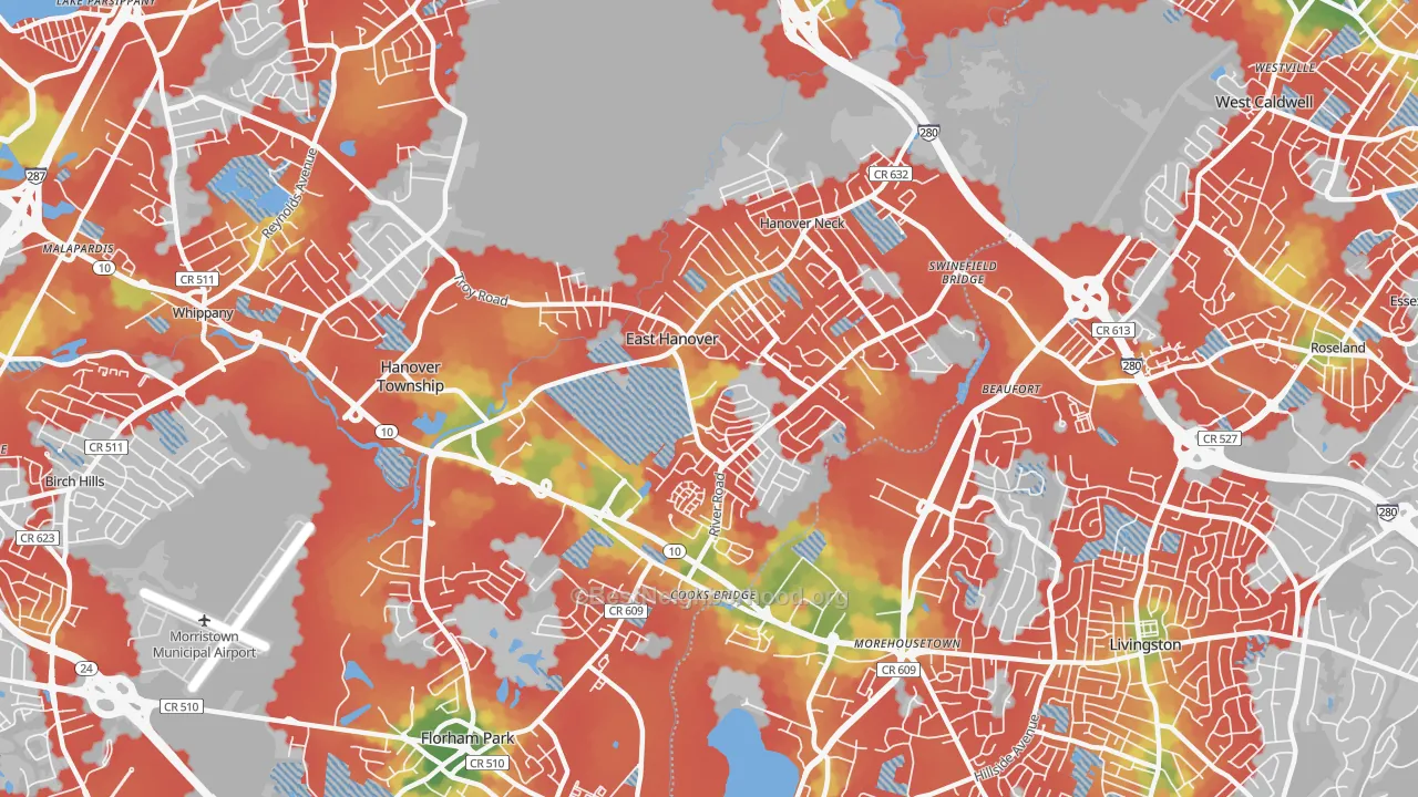 Walk Grade map of East Hanover, NJ, walkable areas in green and car-dependent areas in red