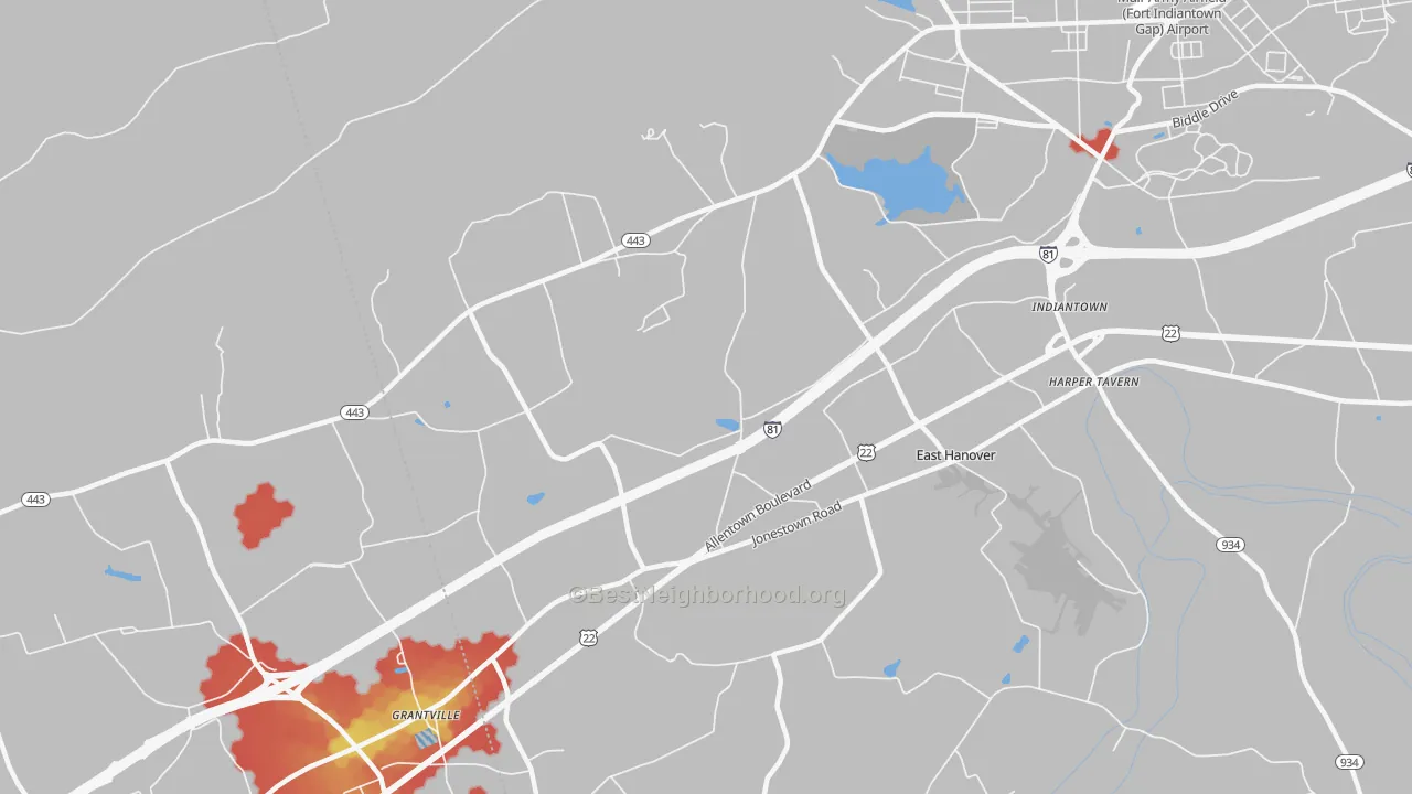 Walk Grade map of East Hanover, PA, walkable areas in green and car-dependent areas in red