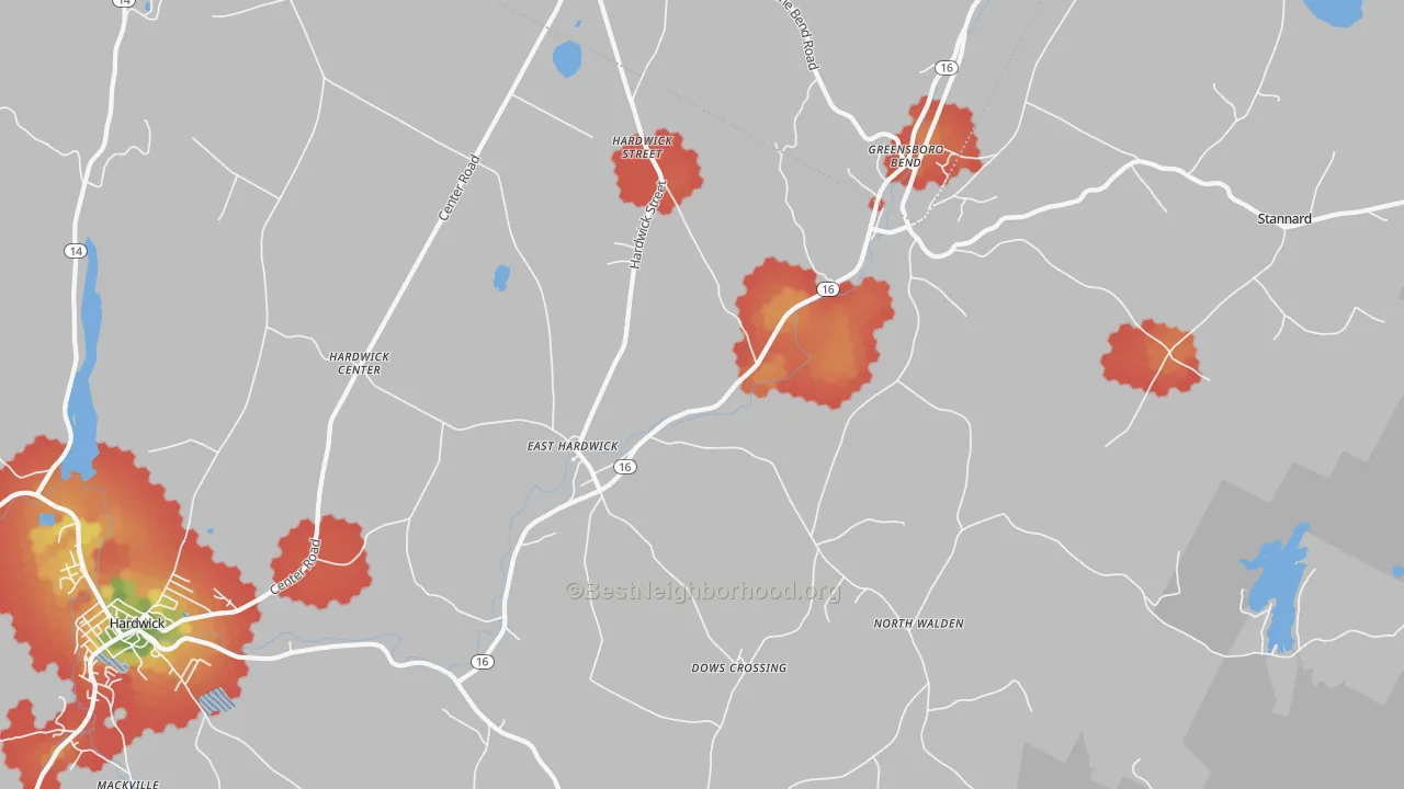 Walk Grade map of East Hardwick, VT, walkable areas in green and car-dependent areas in red