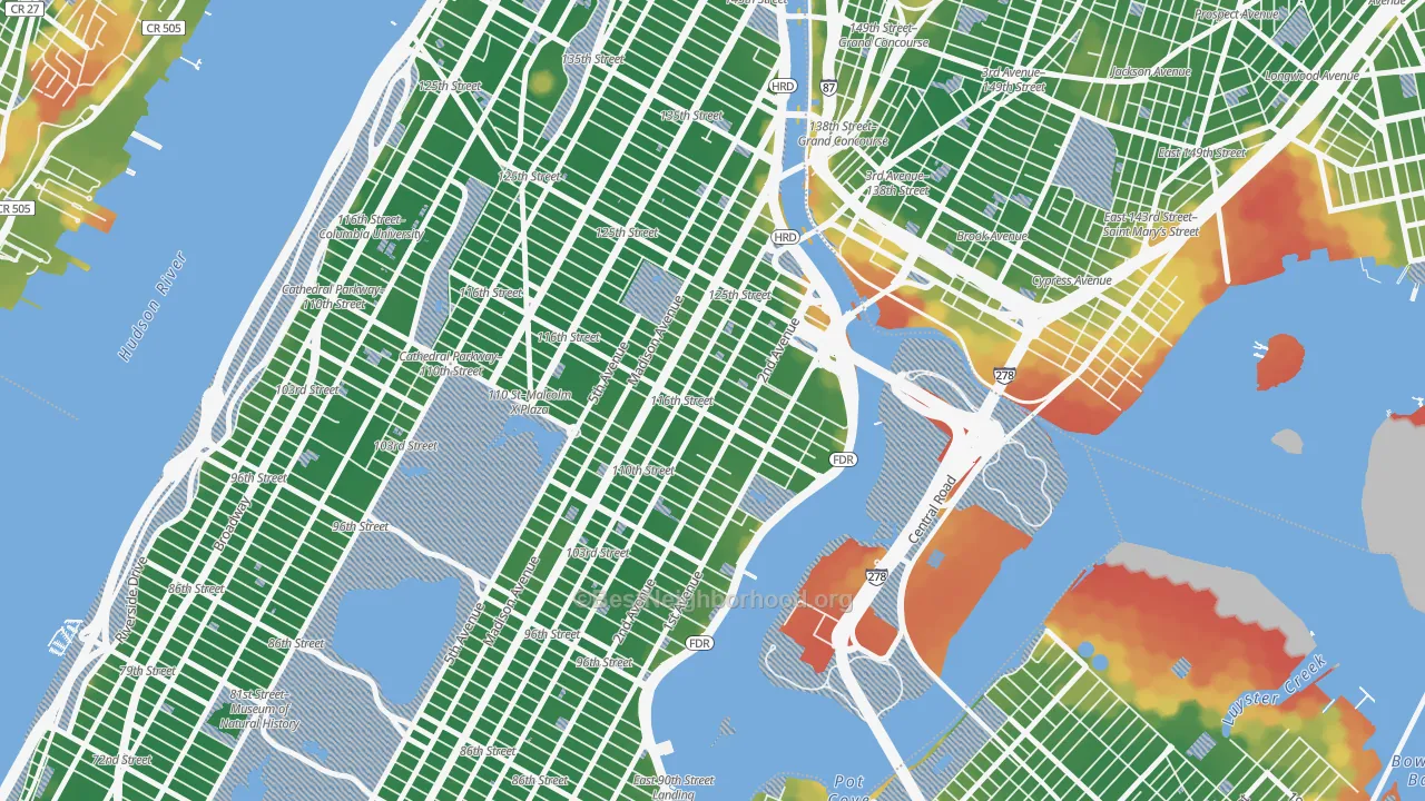 Walk Grade map of East Harlem, Manhattan, NY, walkable areas in green and car-dependent areas in red