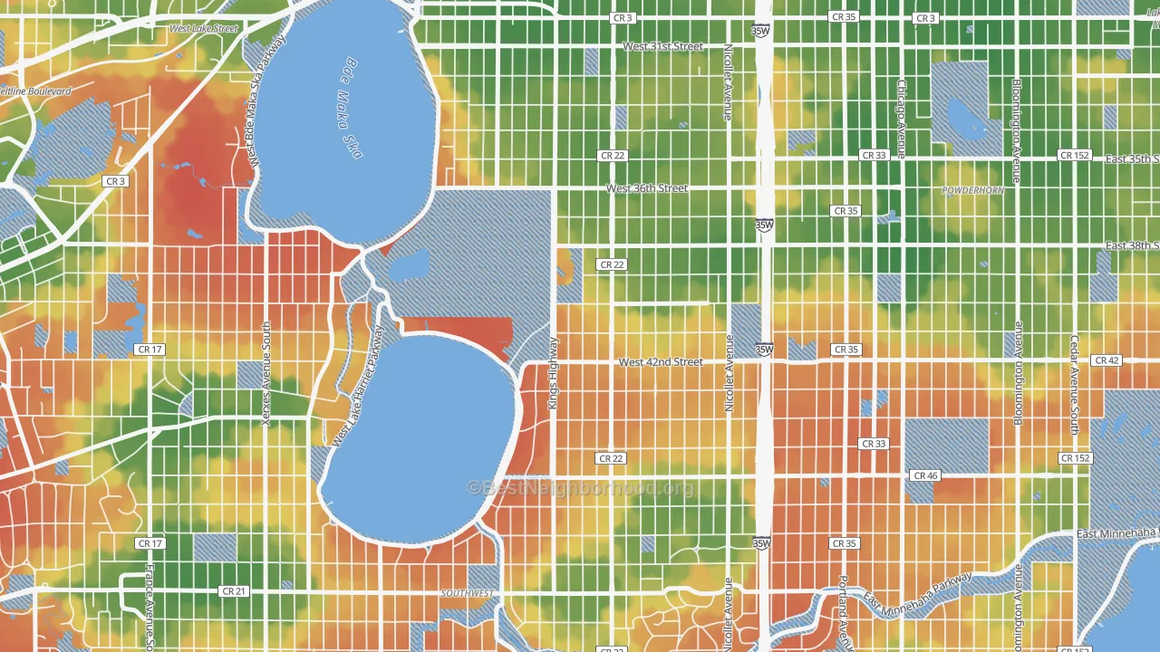 Walk Grade map of East Harriet, Minneapolis, MN, walkable areas in green and car-dependent areas in red