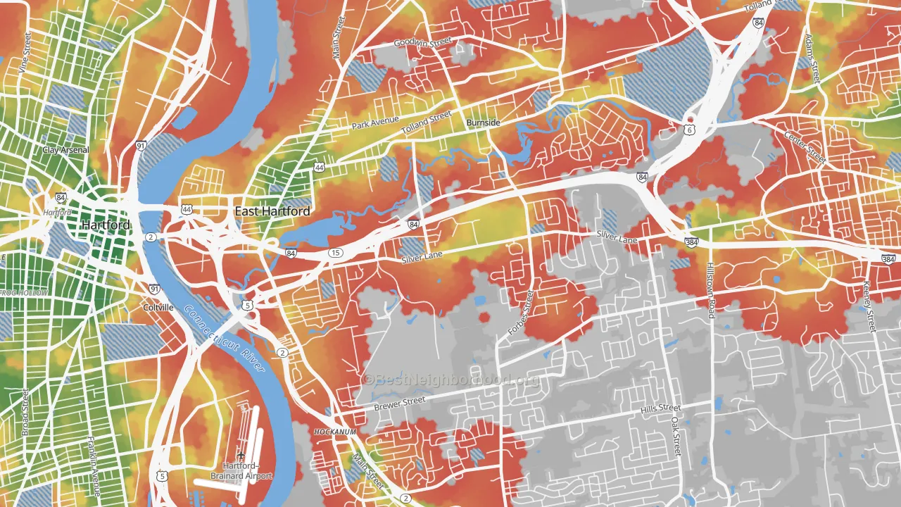 Walk Grade map of East Hartford, CT, walkable areas in green and car-dependent areas in red