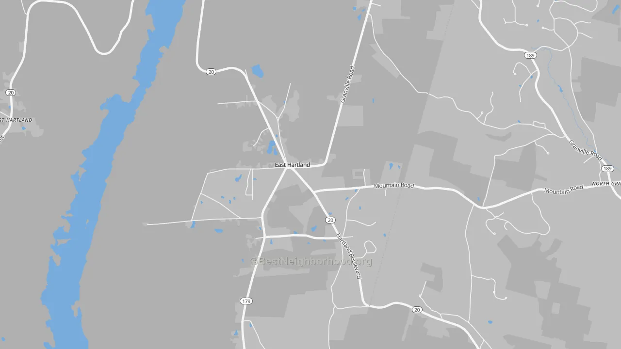 Walk Grade map of East Hartland, CT, walkable areas in green and car-dependent areas in red