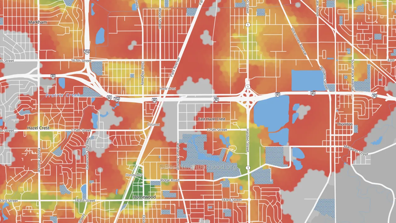 Walk Grade map of East Hazel Crest, IL, walkable areas in green and car-dependent areas in red