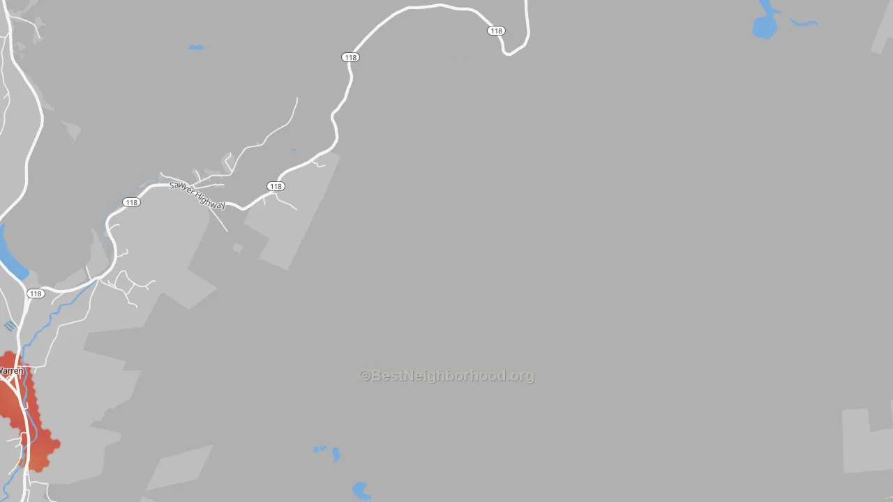 Walk Grade map of East Hebron, NH, walkable areas in green and car-dependent areas in red