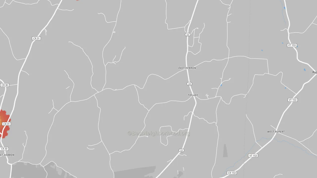 Walk Grade map of East Hebron, NY, walkable areas in green and car-dependent areas in red