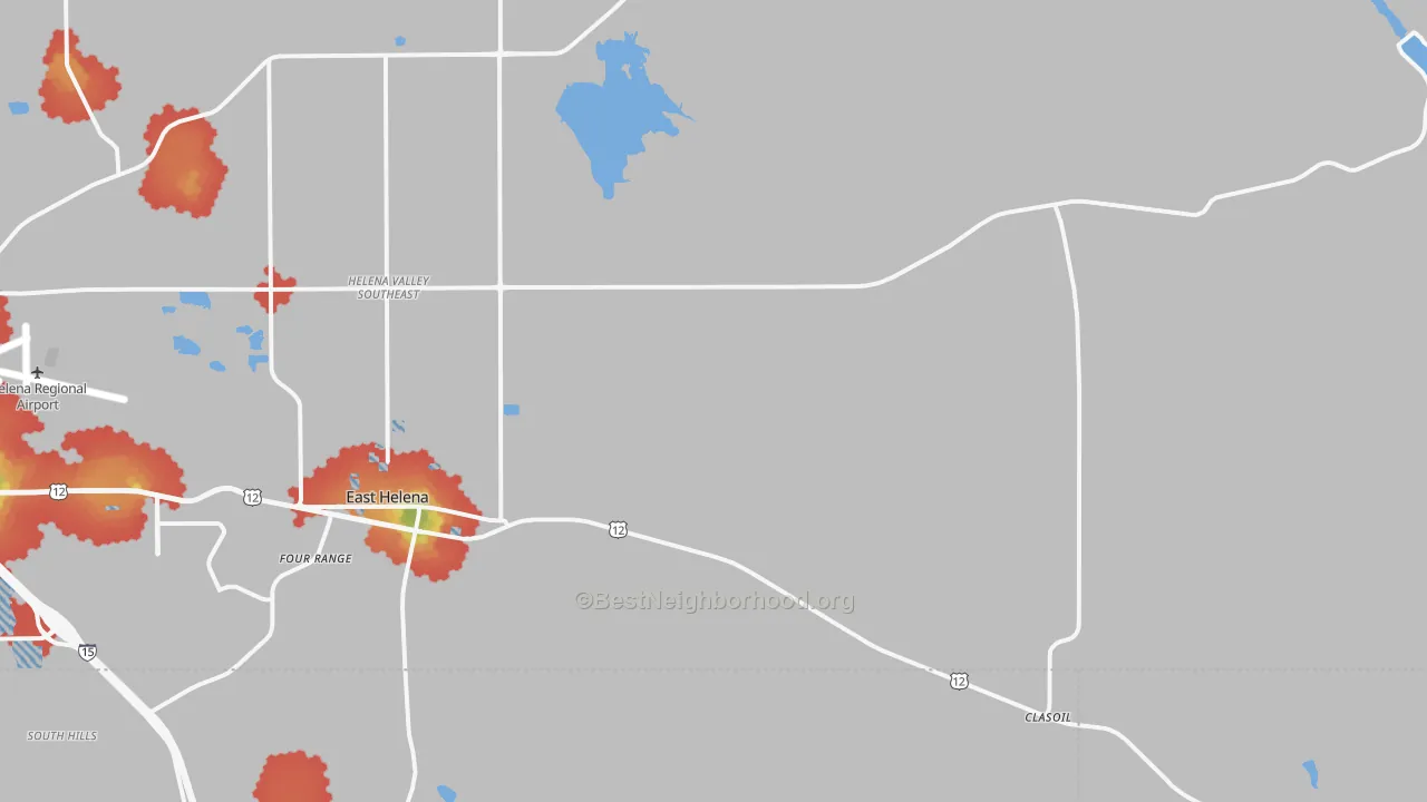 Walk Grade map of East Helena, MT, walkable areas in green and car-dependent areas in red