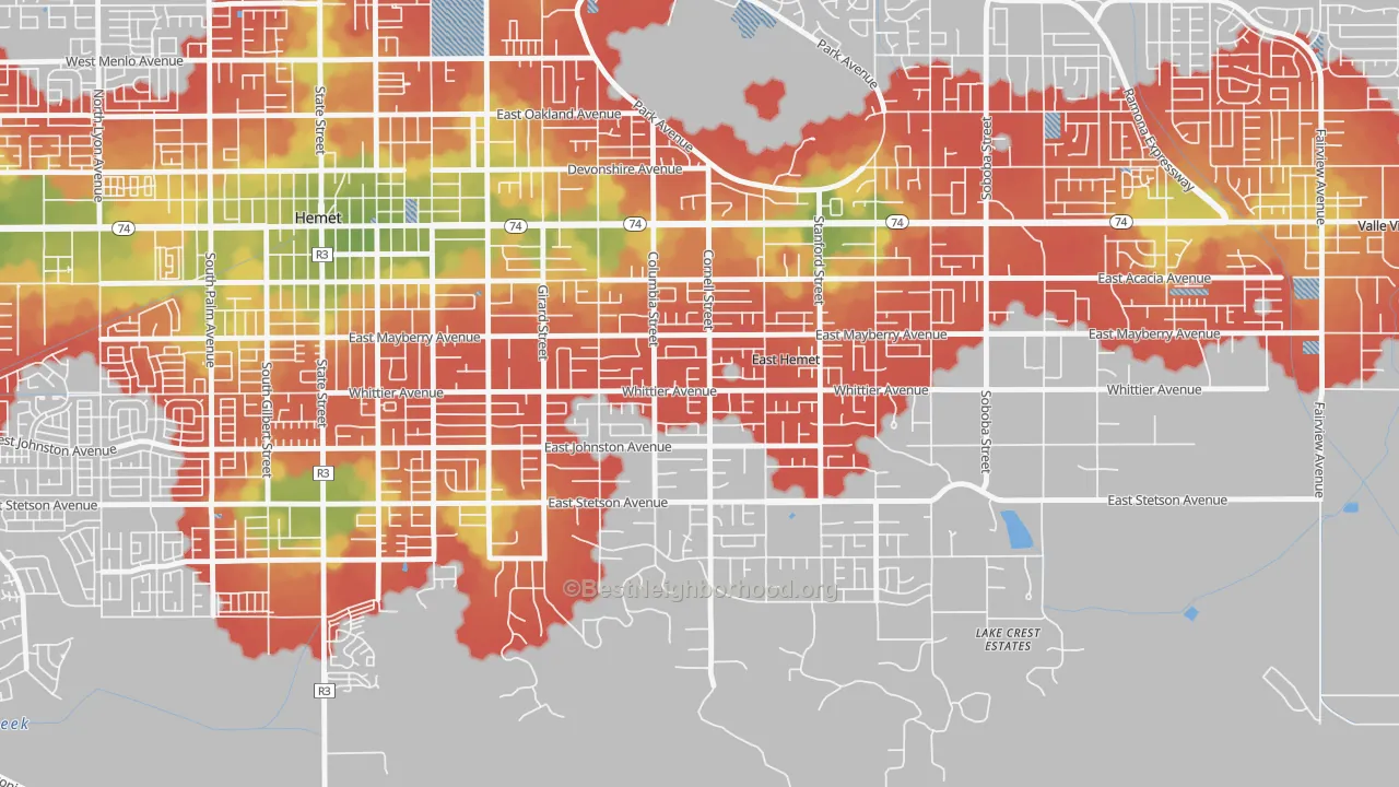 Walk Grade map of East Hemet, CA, walkable areas in green and car-dependent areas in red