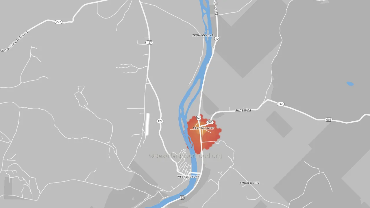 Walk Grade map of East Hickory, PA, walkable areas in green and car-dependent areas in red