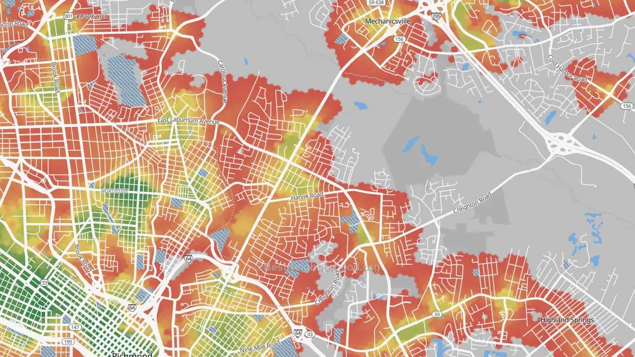 Walk Grade map of East Highland Park, VA, walkable areas in green and car-dependent areas in red
