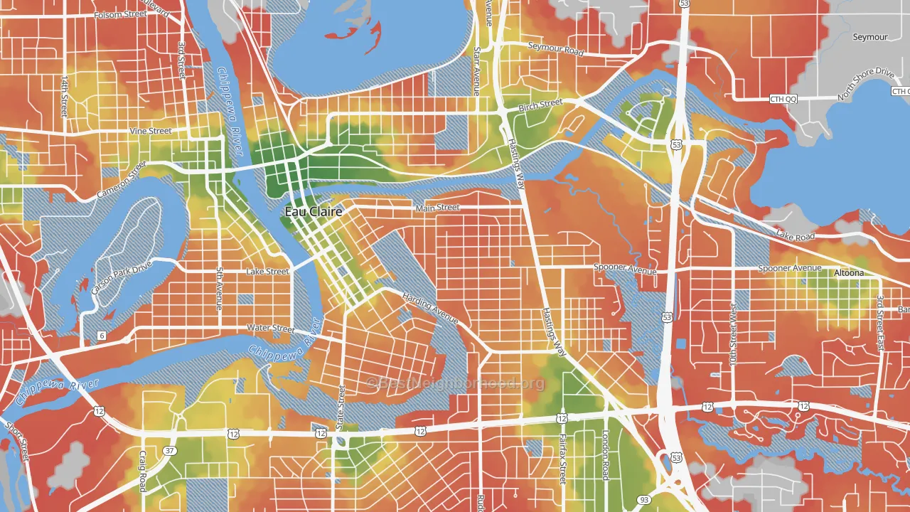 Walk Grade map of East Hill, Eau Claire, WI, walkable areas in green and car-dependent areas in red
