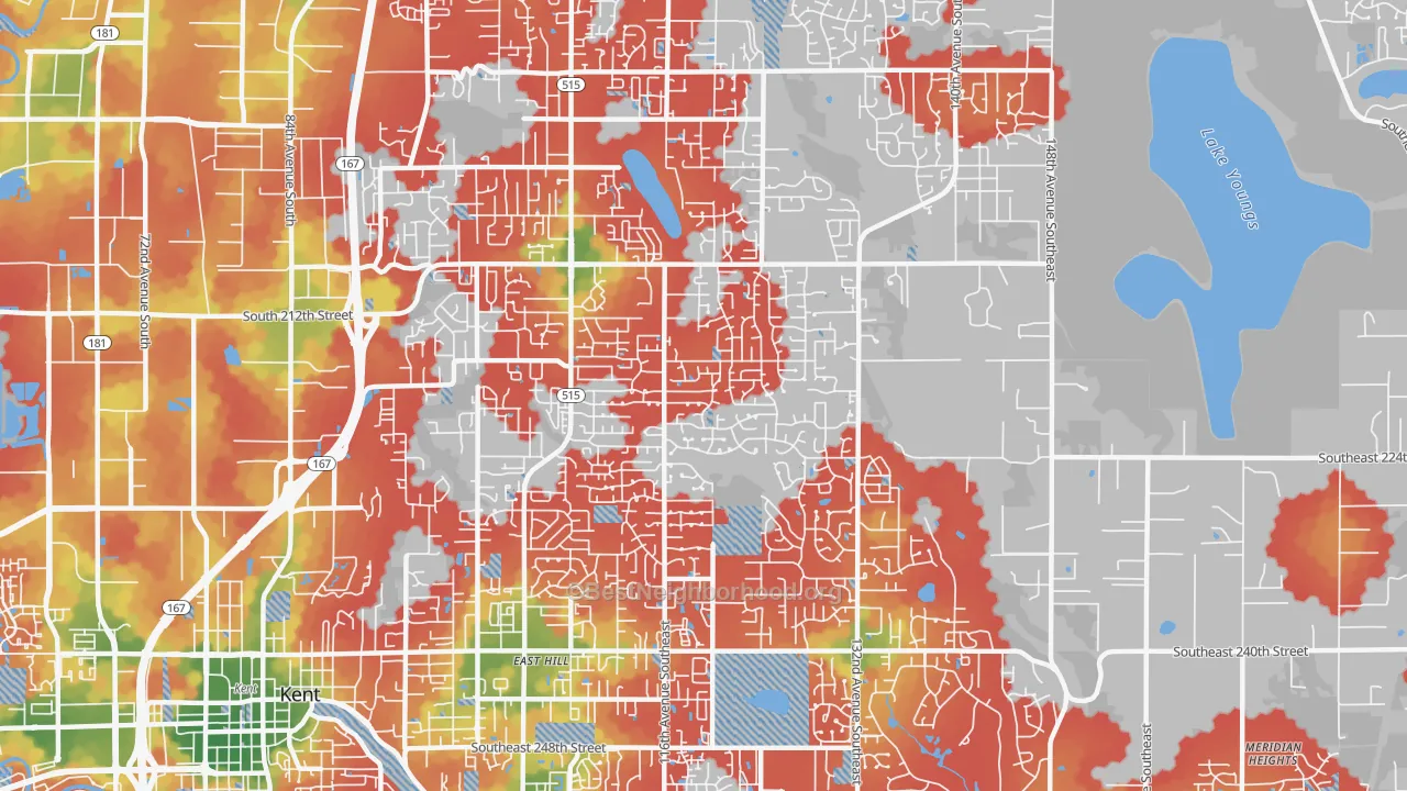 Walk Grade map of East Hill-Meridian, WA, walkable areas in green and car-dependent areas in red