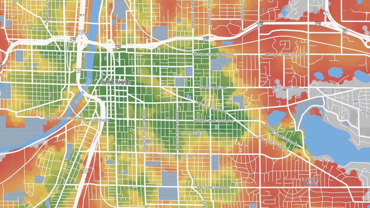 Walk Grade map of East Hills, Grand Rapids, MI, walkable areas in green and car-dependent areas in red