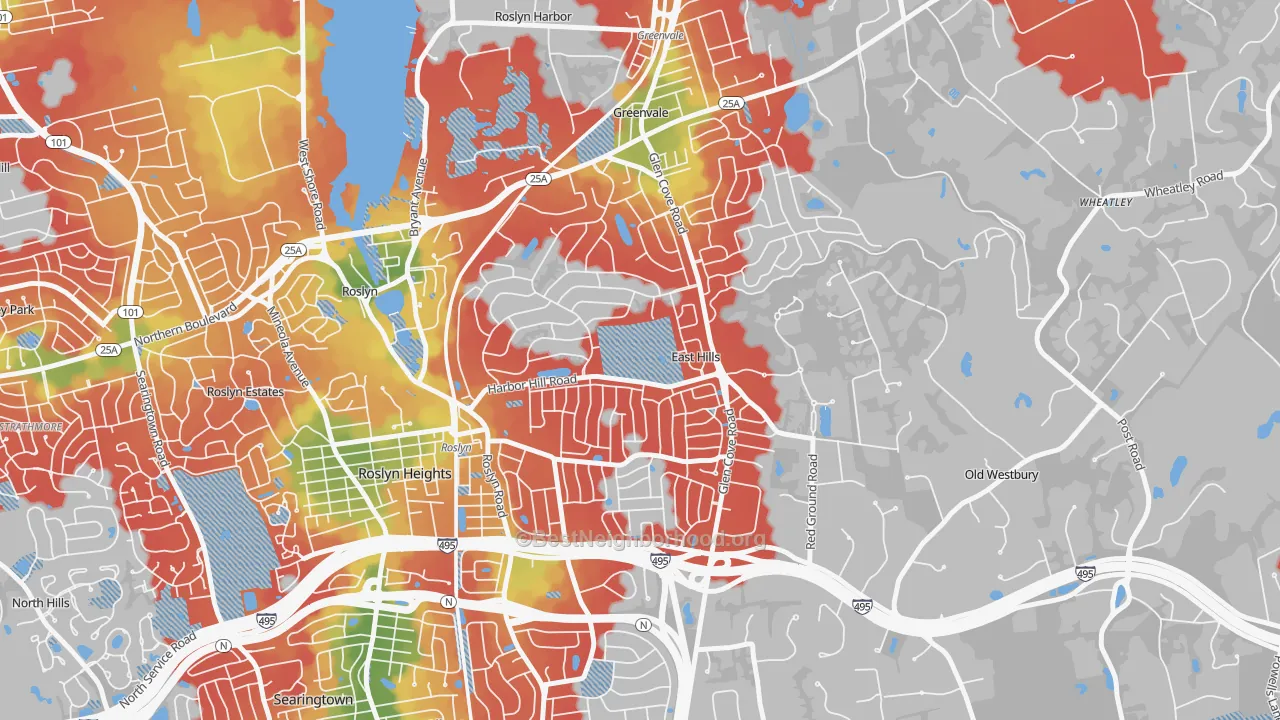 Walk Grade map of East Hills, NY, walkable areas in green and car-dependent areas in red