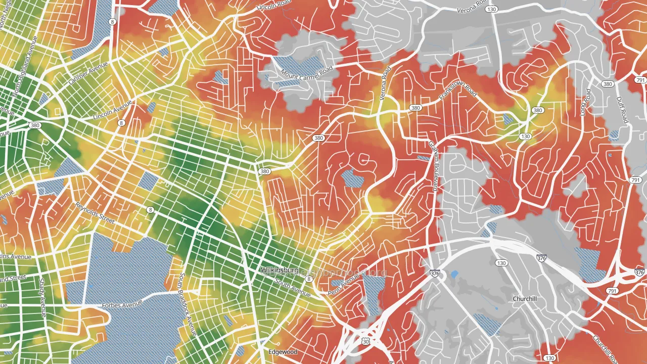 Walk Grade map of East Hills, Pittsburgh, PA, walkable areas in green and car-dependent areas in red