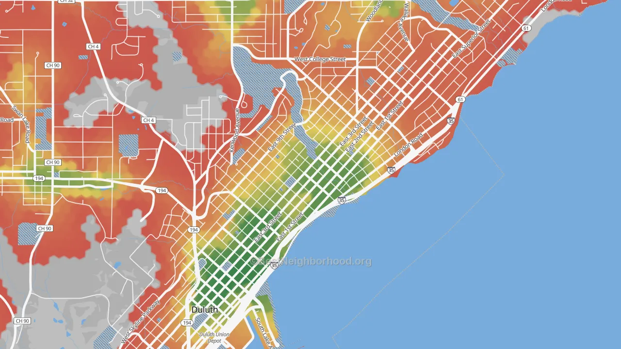 Walk Grade map of East Hillside, Duluth, MN, walkable areas in green and car-dependent areas in red