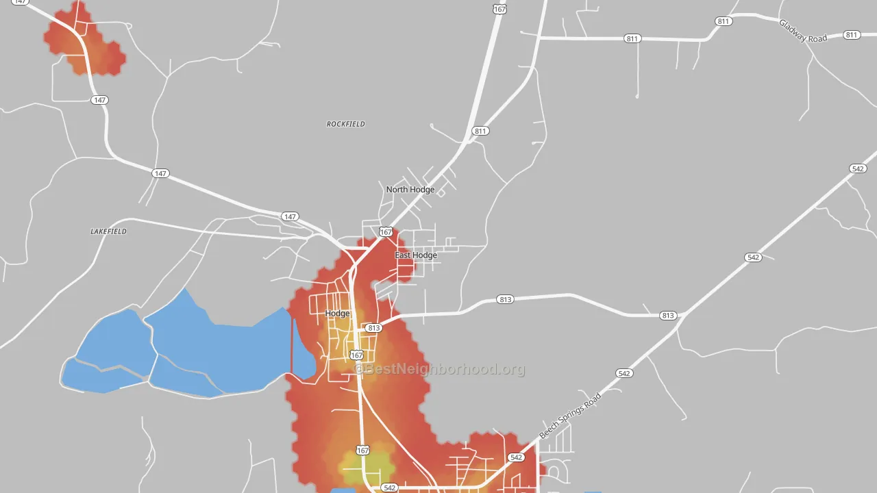 Walk Grade map of East Hodge, LA, walkable areas in green and car-dependent areas in red