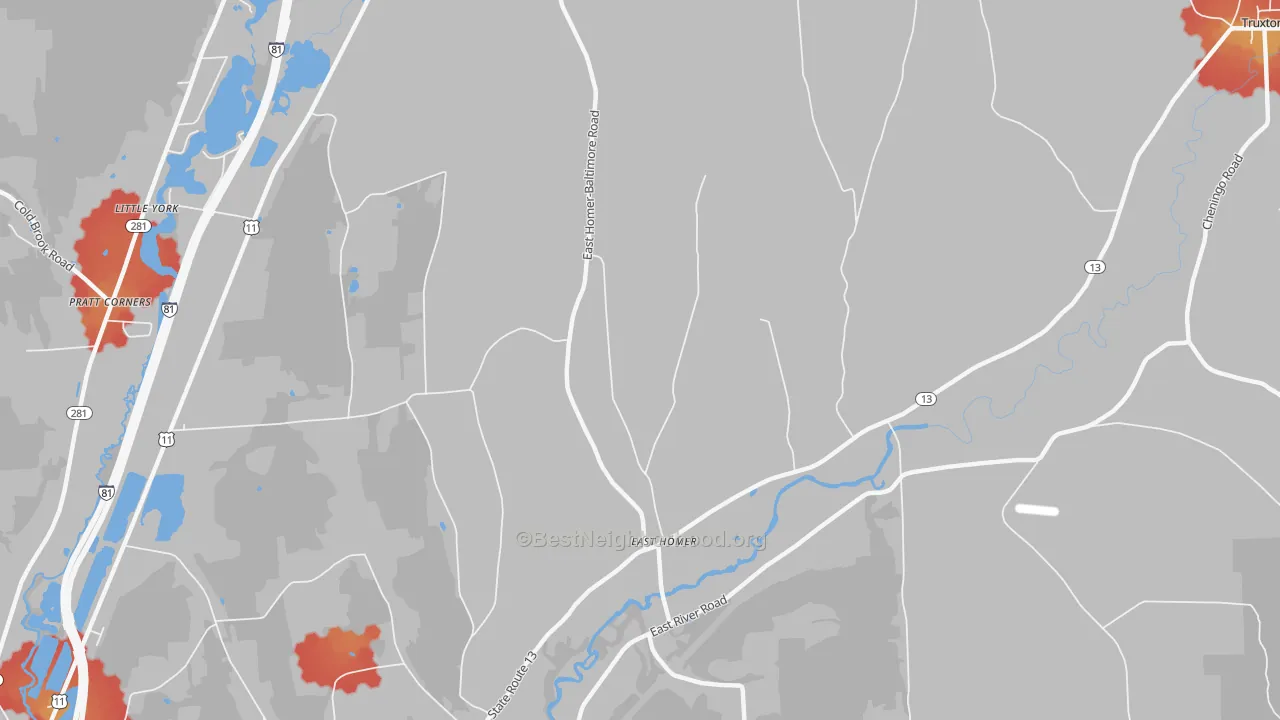 Walk Grade map of East Homer, NY, walkable areas in green and car-dependent areas in red