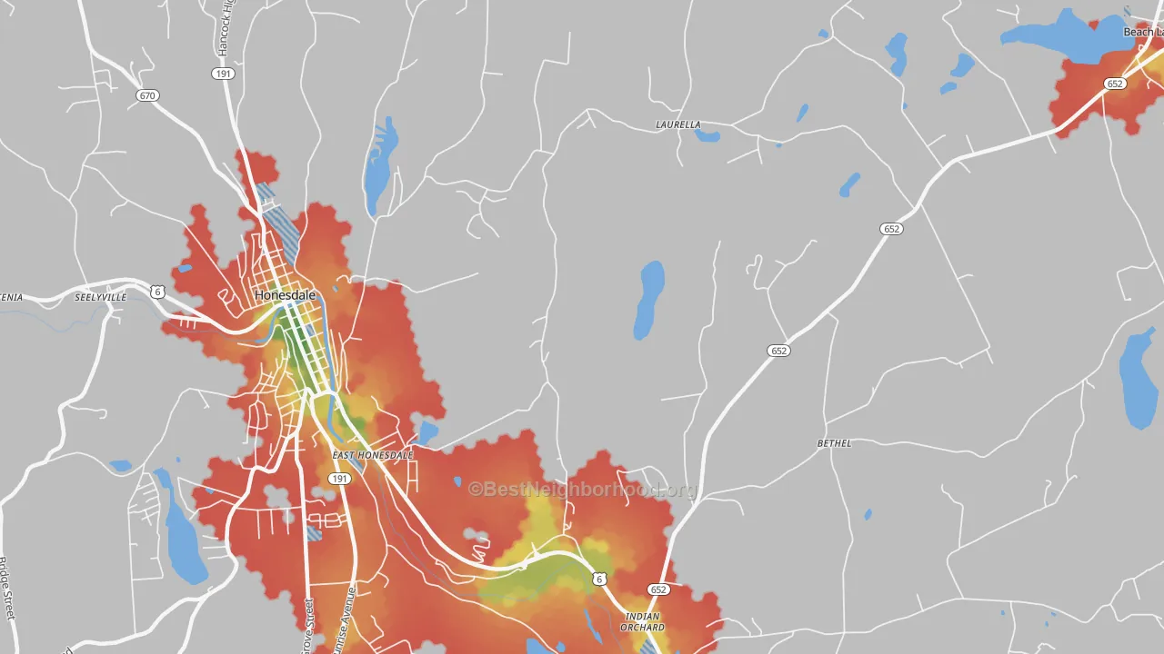 Walk Grade map of East Honesdale, PA, walkable areas in green and car-dependent areas in red