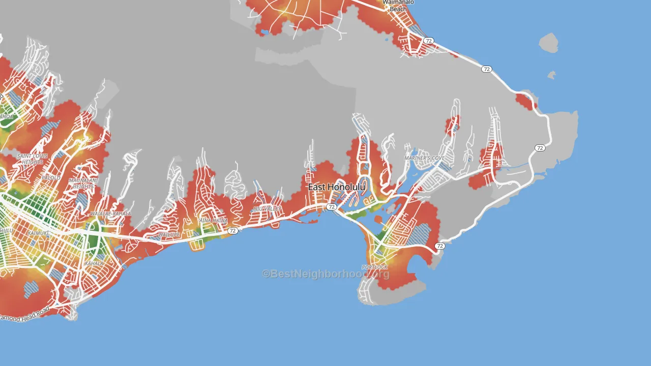 Walk Grade map of East Honolulu, HI, walkable areas in green and car-dependent areas in red