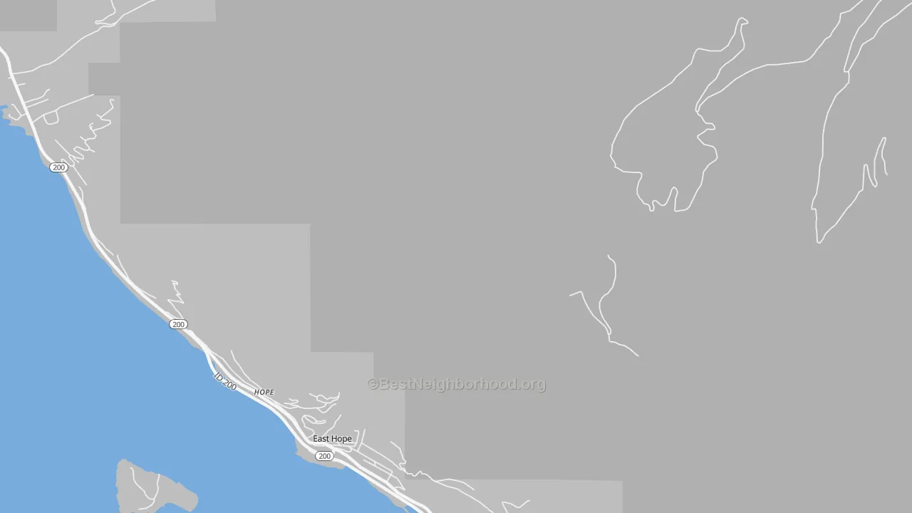 Walk Grade map of East Hope, ID, walkable areas in green and car-dependent areas in red
