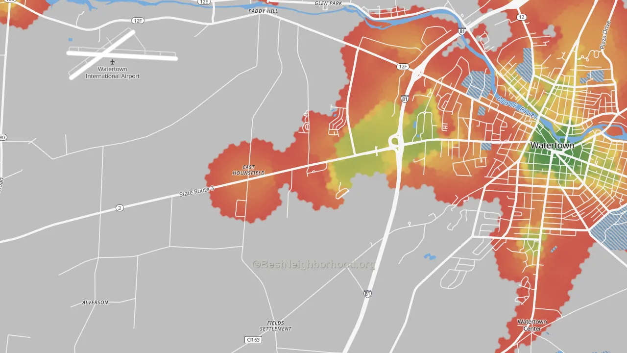 Walk Grade map of East Hounsfield, NY, walkable areas in green and car-dependent areas in red