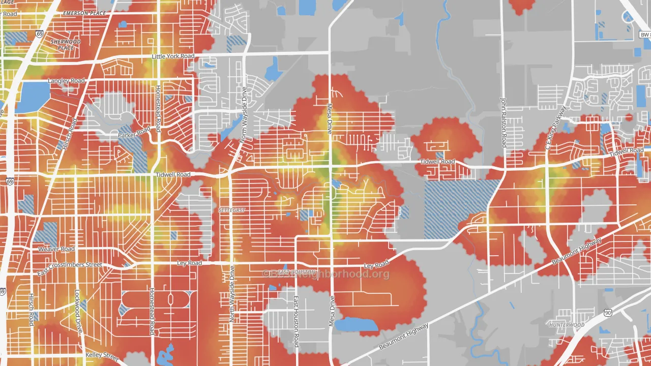 Walk Grade map of East Houston, Houston, TX, walkable areas in green and car-dependent areas in red