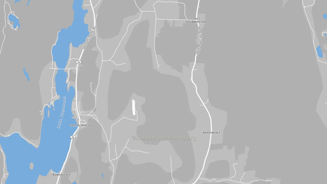 Walk Grade map of East Hubbardton, VT, walkable areas in green and car-dependent areas in red