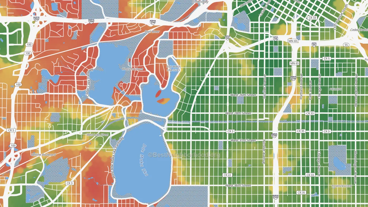 Walk Grade map of East Isles, Minneapolis, MN, walkable areas in green and car-dependent areas in red
