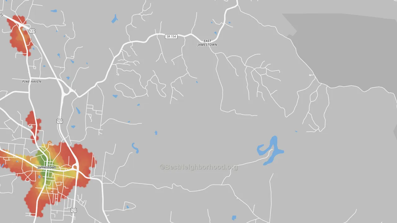 Walk Grade map of East Jamestown, TN, walkable areas in green and car-dependent areas in red