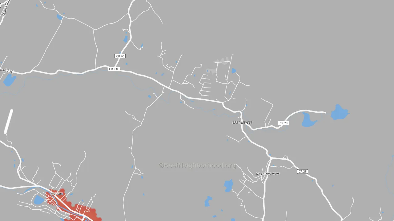 Walk Grade map of East Jewett, NY, walkable areas in green and car-dependent areas in red