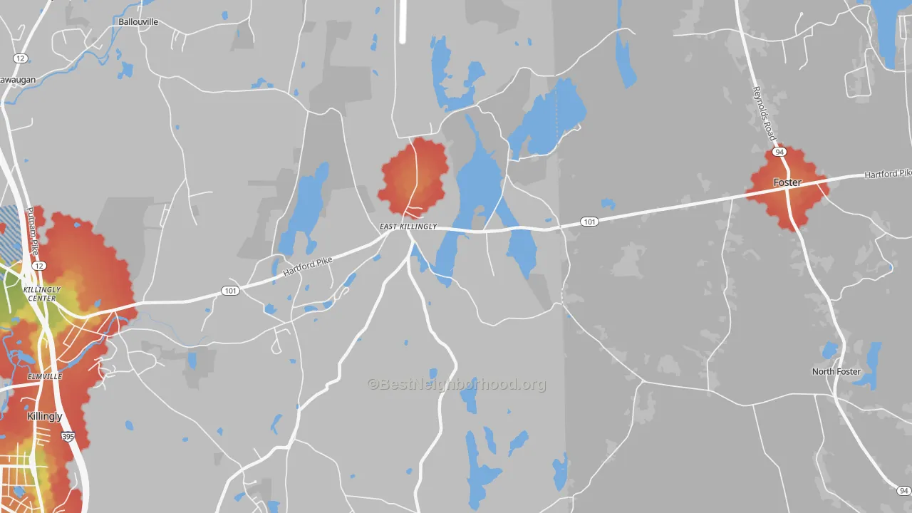Walk Grade map of East Killingly, CT, walkable areas in green and car-dependent areas in red
