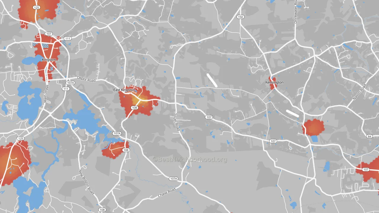 Walk Grade map of East Kingston, NH, walkable areas in green and car-dependent areas in red