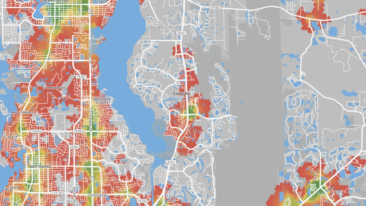 Walk Grade map of East Lake, FL, walkable areas in green and car-dependent areas in red