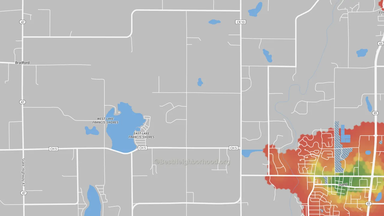 Walk Grade map of East Lake Francis Shores, MN, walkable areas in green and car-dependent areas in red