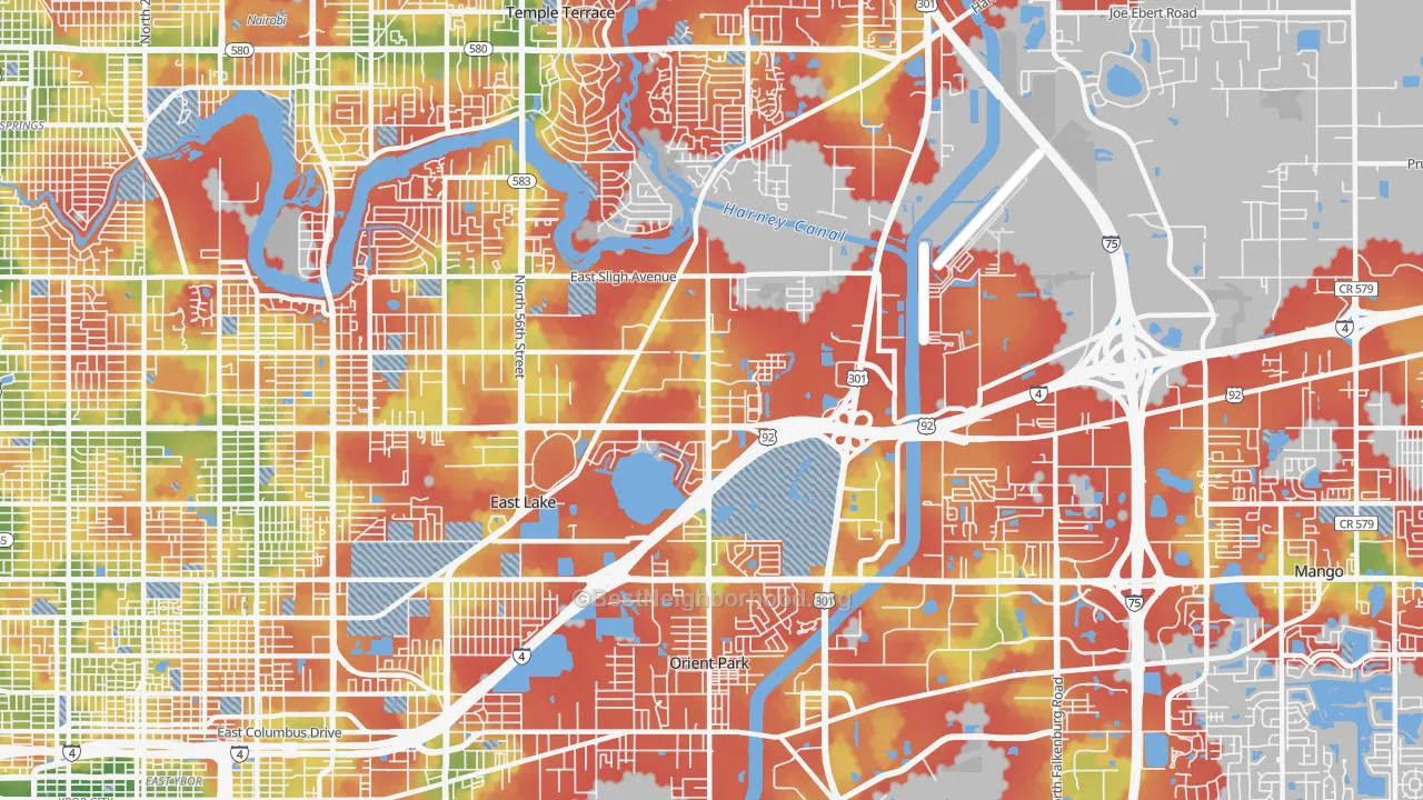 Walk Grade map of East Lake-Orient Park, FL, walkable areas in green and car-dependent areas in red