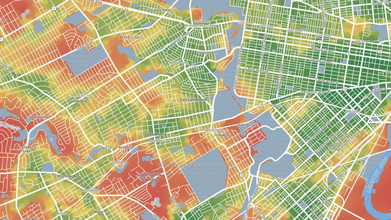 Walk Grade map of East Lansdowne, PA, walkable areas in green and car-dependent areas in red
