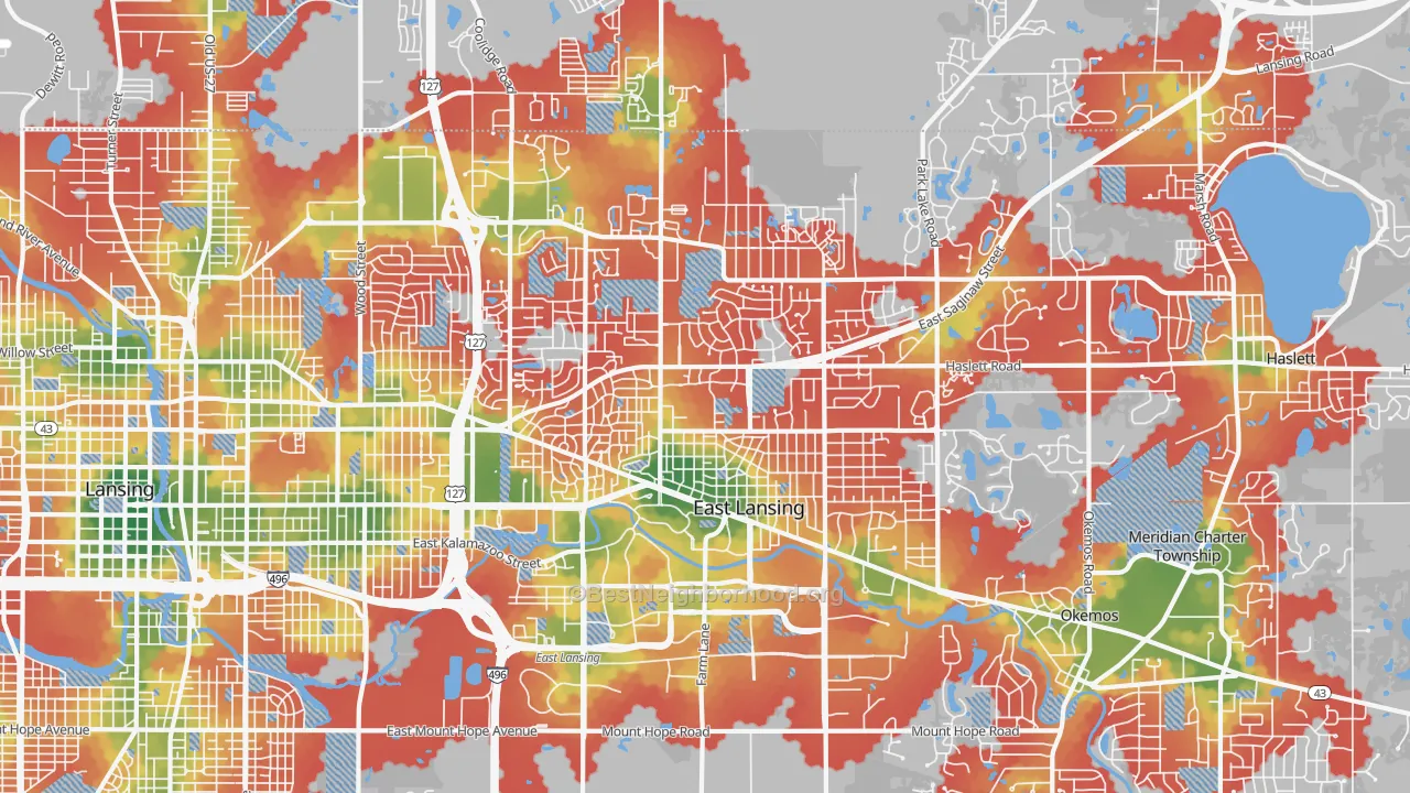 Walk Grade map of East Lansing, MI, walkable areas in green and car-dependent areas in red
