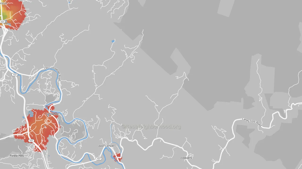 Walk Grade map of East Laport, NC, walkable areas in green and car-dependent areas in red
