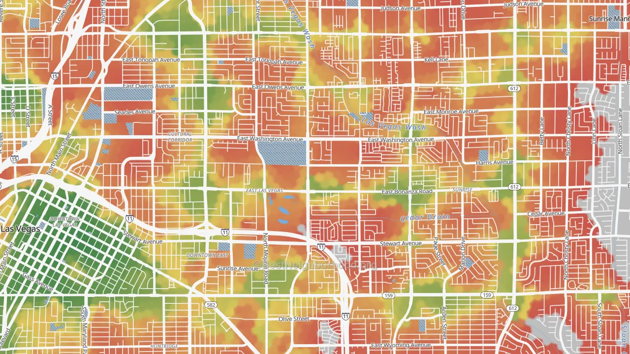 Walk Grade map of East Las Vegas, Las Vegas, NV, walkable areas in green and car-dependent areas in red