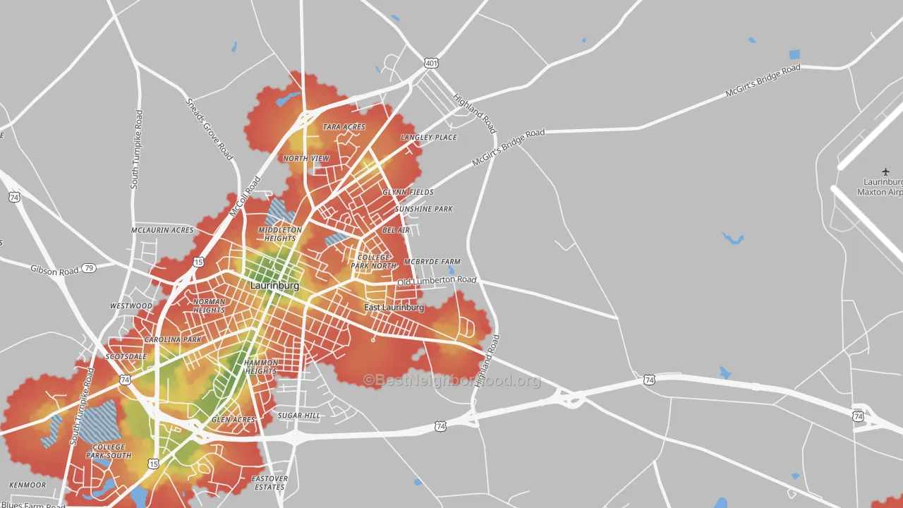 Walk Grade map of East Laurinburg, NC, walkable areas in green and car-dependent areas in red