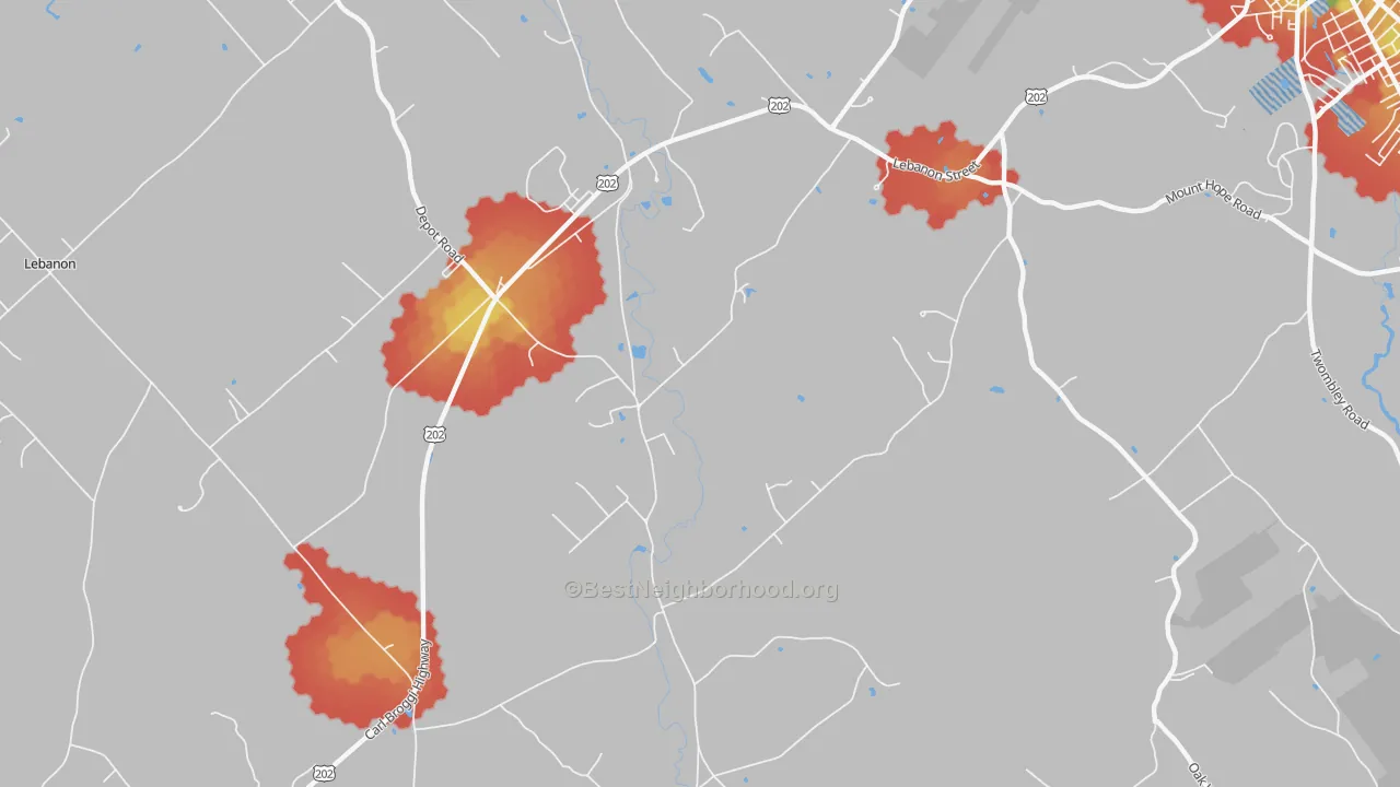 Walk Grade map of East Lebanon, ME, walkable areas in green and car-dependent areas in red