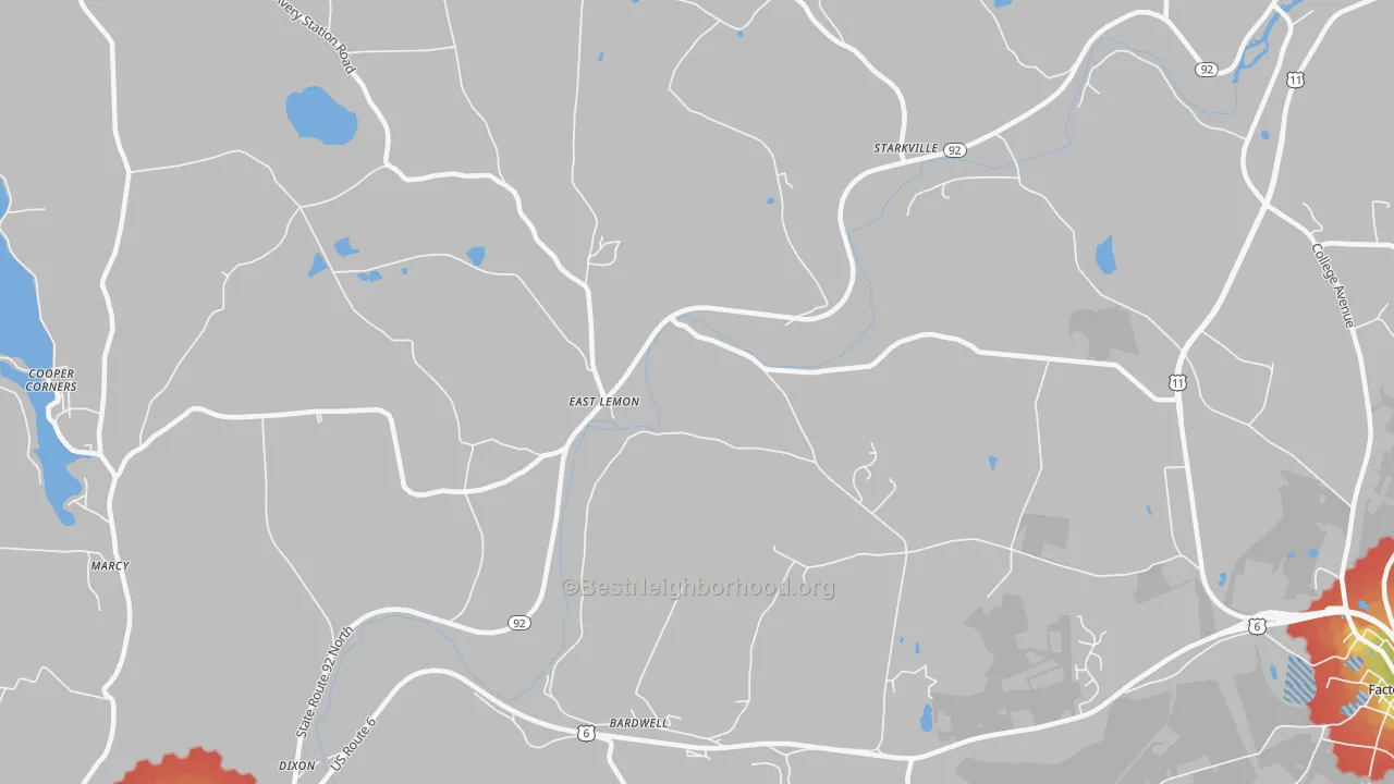 Walk Grade map of East Lemon, PA, walkable areas in green and car-dependent areas in red
